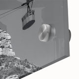 Large abstract wall art featuring mid-century modernist service vehicles in muted earth tones on acrylic glass.