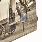 Mid-century modernist art featuring abstract design of service vehicles in muted gray and blue tones on large acrylic glass.