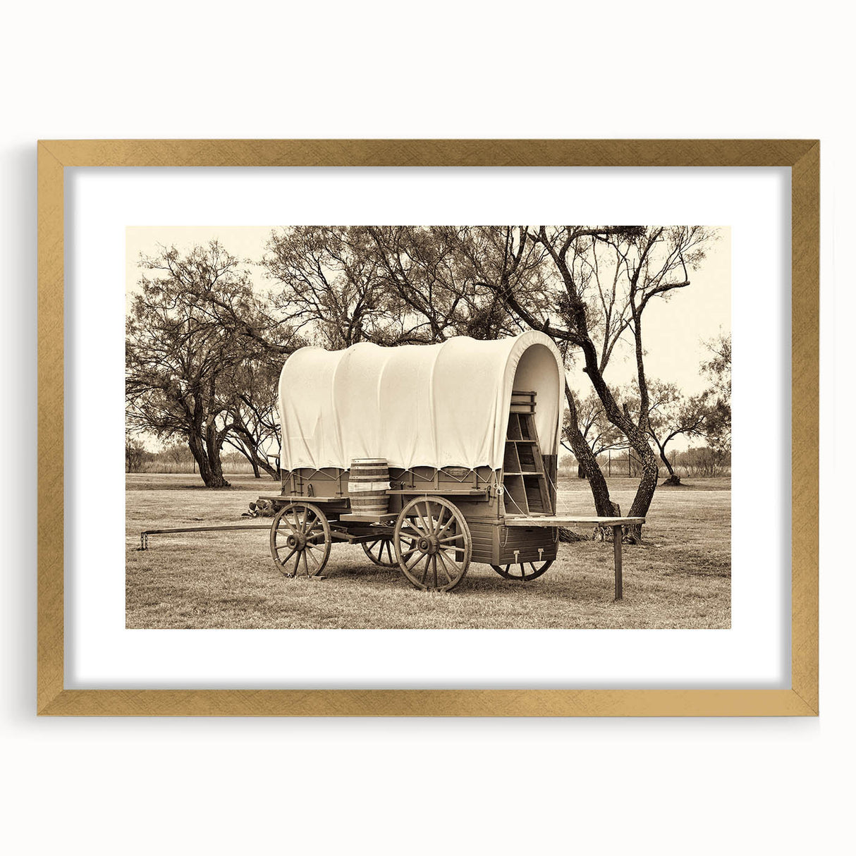 Extra large abstract art print featuring textured, colorful service vehicles on a gold-framed canvas.