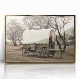 Mid-century modernist art of colorful service vehicles on a gold-framed acrylic print, ideal for nursery wall art.