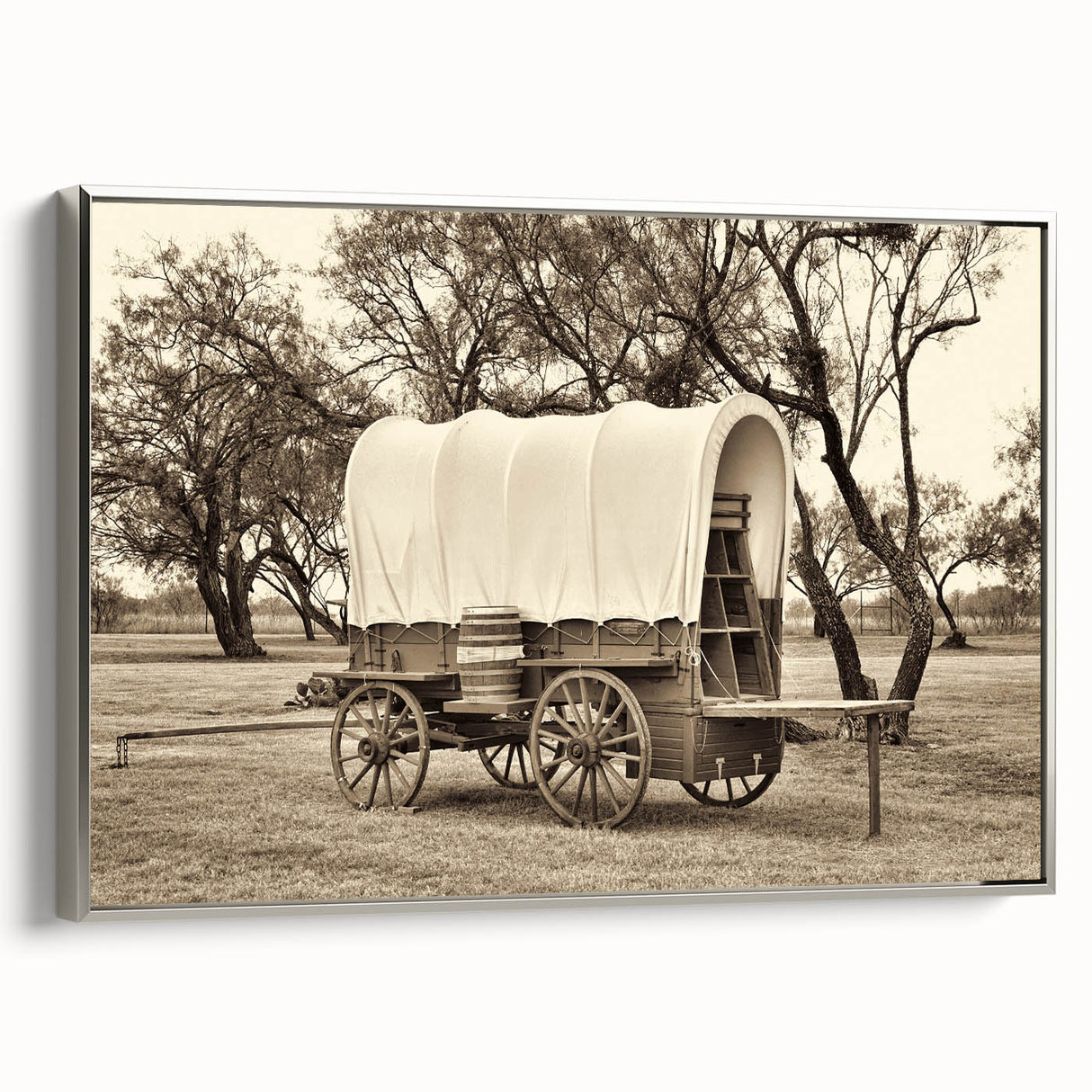 Framed canvas featuring a vintage poster of colorful landscape art paintings with a black background.