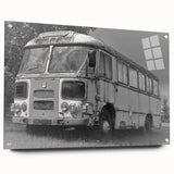 Acrylic print of abstract transportation vehicles in muted gray and blue tones, suitable for bedroom or dining room decor.