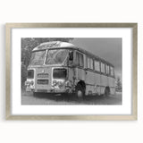 Textured abstract art print featuring various service vehicles in muted colors on a framed silver mat, ideal for bedroom art.