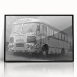 Large abstract wall art featuring assorted service vehicles in mid-century modernist style, muted blue and gray tones.