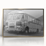 Mid-century modernist art of colorful service vehicles on a gold acrylic framed print, suitable for nursery wall decor.