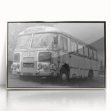 Mid-century modernist art featuring a collection of stylized service vehicles in muted colors on a framed acrylic print.
