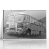 Art deco poster of stylized service vehicles in bold primary colors, framed acrylic, suitable for modern nursery wall art.