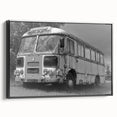 Black and white vintage poster art of service vehicles on framed canvas, ideal for bedroom wall decor.