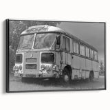 Black and white vintage poster art of service vehicles on framed canvas, ideal for bedroom wall decor.