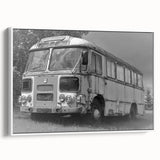 Vintage poster art of colorful service vehicles on a black background, framed canvas, ideal for living room decor.