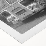 Art deco poster featuring a collection of vintage service vehicles in muted colors on rolled canvas.