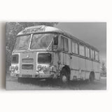 Black and white stretched canvas featuring a collection of vintage service vehicles, ideal for kitchen wall art.