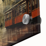 Mid-century modernist art featuring abstract design of service vehicles in muted earth tones on acrylic glass.