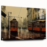 Acrylic print of a cityscape with buses and taxis in muted urban colors, suitable for bedroom or dining room decor.