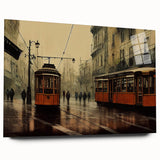 Acrylic print of a side-view cityscape with service vehicles in muted urban colors.