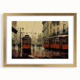 Extra large abstract art print of service vehicles in muted earth tones on a textured canvas, ideal for living room decor.