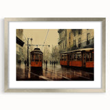 Textured abstract art print of various service vehicles in muted gray and blue tones on a framed canvas.