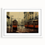 Abstract art print of colorful geometric shapes on white framed canvas, suitable for dining room decor.