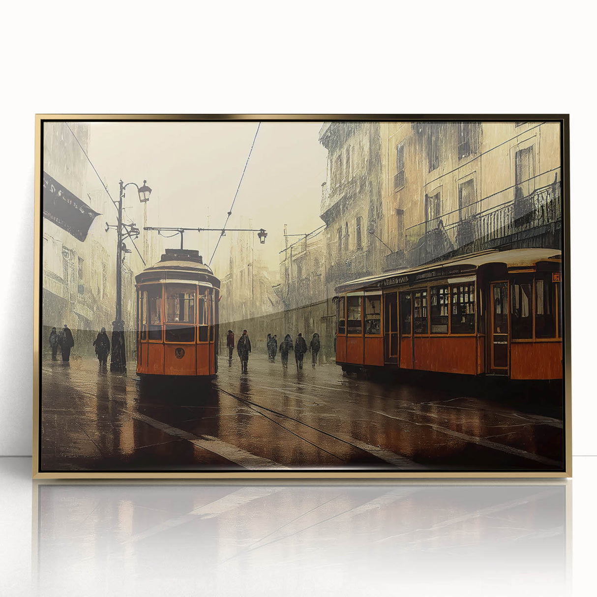 Mid-century modernist art print of colorful service vehicles on acrylic, framed in gold, suitable for nursery wall decor.