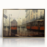 Mid-century modernist art print of colorful service vehicles on acrylic, framed in gold, suitable for nursery wall decor.