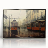 Mid-century modernist art deco poster featuring a variety of service vehicles in muted colors, ideal for nursery wall art.