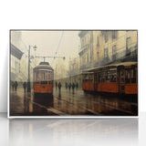 Art deco poster of stylized service vehicles in muted colors on a white acrylic frame, suitable for nursery wall art.