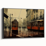 Black and white wall art featuring a vintage poster of landscape art with service vehicles, printed on a framed canvas.