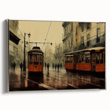 Framed canvas showcasing a collection of vintage service vehicles in muted black and colorful tones, ideal for office decor.