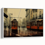 Vintage poster art of colorful service vehicles on a black background, framed canvas, ideal for living room decor.