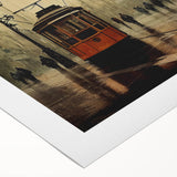 Art deco poster of assorted vintage vehicles in muted sepia tones, ideal for dining room wall art, on rolled canvas.