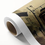 Art deco poster of stylized vintage cars in muted blue and gray, rolled canvas, ideal for nursery wall art.