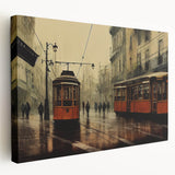 Collection of various service vehicles in bright primary colors on stretched canvas, suitable for kitchen wall art.