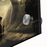 Mid-century modernist art of abstract service vehicles in muted orange and brown tones on acrylic glass.