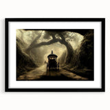 Colorful abstract art print of various service vehicles, in bold hues on textured canvas, framed in black.