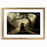 Extra large abstract print of various service vehicles, in muted earth tones on a textured canvas, framed in gold.