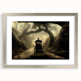 Abstract art print of service vehicles in textured gray tones on a silver-framed canvas, suitable for bedroom decor.