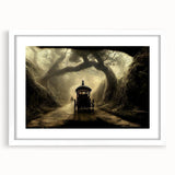 Abstract art print of assorted service vehicles in muted earth tones on a white framed canvas.