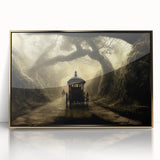 Mid-century modernist art of colorful service vehicles on acrylic print, ideal for nursery wall decor.