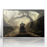 Art deco poster of vintage cars in muted blues and grays, acrylic print framed in white, suitable for nursery wall art.