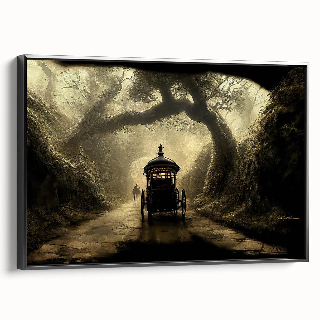 Black and white framed canvas featuring a vintage poster art design of landscape service vehicles.
