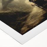 Art deco poster featuring a collection of vintage service vehicles in muted earth tones on a rolled canvas.