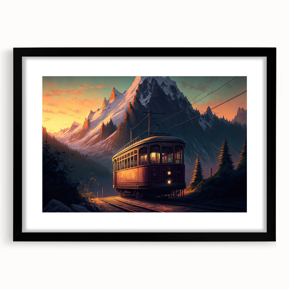 Extra large abstract art print featuring colorful, textured vehicles, framed in black, ideal for living room decor.
