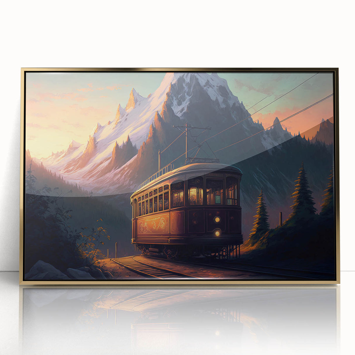 Mid-century modernist art featuring a collection of stylized service vehicles in muted colors on a framed acrylic print.