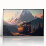 Mid-century modernist art depicting various service vehicles in muted colors, acrylic print framed in silver.