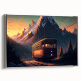 Framed canvas of vintage-style landscape art painting featuring colorful service vehicles on a black background.