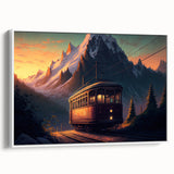 Vintage poster art of colorful service vehicles on a black background, framed canvas, suitable for living room decor.