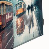 Large abstract wall art of service vehicles in mid-century modernist style on acrylic glass, featuring muted earth tones.