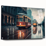 Acrylic print of a side view of various service vehicles in muted colors, suitable for bedroom or dining room decor.