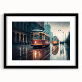 Extra large abstract art print featuring vibrant, colorful textured vehicles, framed in black, ideal for living room decor.