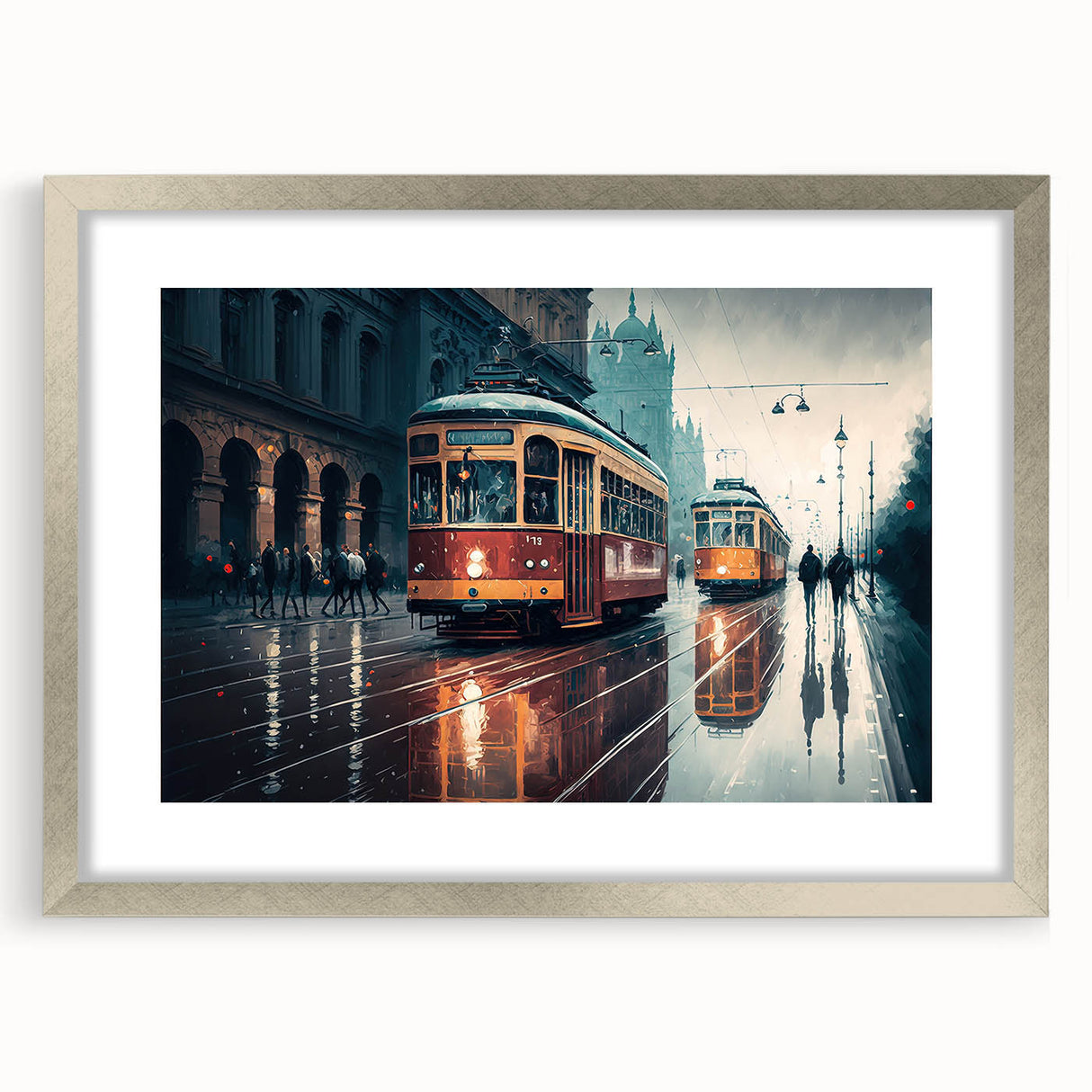 Textured art print of abstract service vehicles in muted gray and silver, framed with a matte finish.